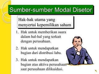Hak-hak utama yangHak-hak utama yang
menyertai kepemilikan sahammenyertai kepemilikan saham
Hak-hak utama yangHak-hak utama yang
menyertai kepemilikan sahammenyertai kepemilikan saham
1. Hak untuk memberikan suara
dalam hal-hal yang terkait
dengan perusahaan.
2. Hak untuk mendapatkan
bagian dari distribusi laba.
3. Hak untuk mendapatkan
bagian atas aktiva perusahaan
saat perusahaan dilikuidasi.
Sumber-sumber Modal DisetorSumber-sumber Modal DisetorSumber-sumber Modal DisetorSumber-sumber Modal Disetor
 