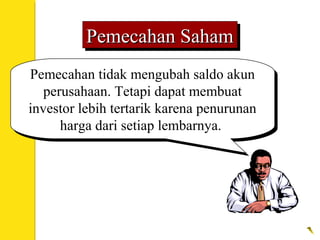 Pemecahan SahamPemecahan SahamPemecahan SahamPemecahan Saham
Pemecahan tidak mengubah saldo akun
perusahaan. Tetapi dapat membuat
investor lebih tertarik karena penurunan
harga dari setiap lembarnya.
Pemecahan tidak mengubah saldo akun
perusahaan. Tetapi dapat membuat
investor lebih tertarik karena penurunan
harga dari setiap lembarnya.
 