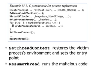 • SetThreadContext restores the victim
process's environment and sets the entry
point
• ResumeThread runs the malicious code
 