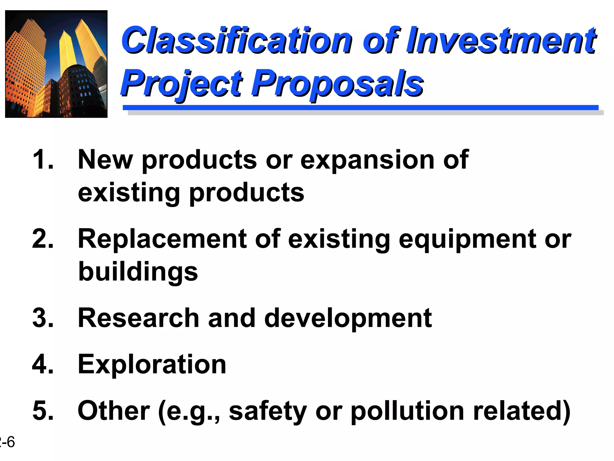 2-6
Classification of InvestmentClassification of Investment
Project ProposalsProject Proposals
1. New products or expansion of
existing products
2. Replacement of existing equipment or
buildings
3. Research and development
4. Exploration
5. Other (e.g., safety or pollution related)
 