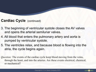 Copyright © F.A. Davis Company 2015
Cardiac Cycle (continued)
3. The beginning of ventricular systole closes the AV valves
and opens the arterial semilunar valves.
4. All blood that enters the pulmonary artery and aorta is
pumped by ventricular systole.
5. The ventricles relax, and because blood is flowing into the
atria, the cycle begins again.
Question: The events of the cardiac cycle keep blood moving from the veins,
through the heart, and into the arteries. Are these events electrical, chemical,
or mechanical?
 