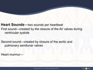 Copyright © F.A. Davis Company 2015
Heart Sounds—two sounds per heartbeat
First sound—created by the closure of the AV valves during
ventricular systole
Second sound—created by closure of the aortic and
pulmonary semilunar valves
Heart murmur—
 