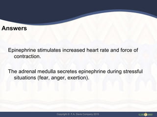 Copyright © F.A. Davis Company 2015
Answers
Epinephrine stimulates increased heart rate and force of
contraction.
The adrenal medulla secretes epinephrine during stressful
situations (fear, anger, exertion).
 