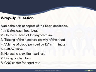 Copyright © F.A. Davis Company 2015
Wrap-Up Question
Name the part or aspect of the heart described.
1. Initiates each heartbeat
2. On the surface of the myocardium
3. Tracing of the electrical activity of the heart
4. Volume of blood pumped by LV in 1 minute
5. Left AV valve
6. Nerves to slow the heart rate
7. Lining of chambers
8. CNS center for heart rate
 