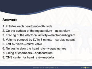 Copyright © F.A. Davis Company 2015
Answers
1. Initiates each heartbeat—SA node
2. On the surface of the myocardium—epicardium
3. Tracing of the electrical activity—electrocardiogram
4. Volume pumped by LV in 1 minute—cardiac output
5. Left AV valve—mitral valve
6. Nerves to slow the heart rate—vagus nerves
7. Lining of chambers—endocardium
8. CNS center for heart rate—medulla
 