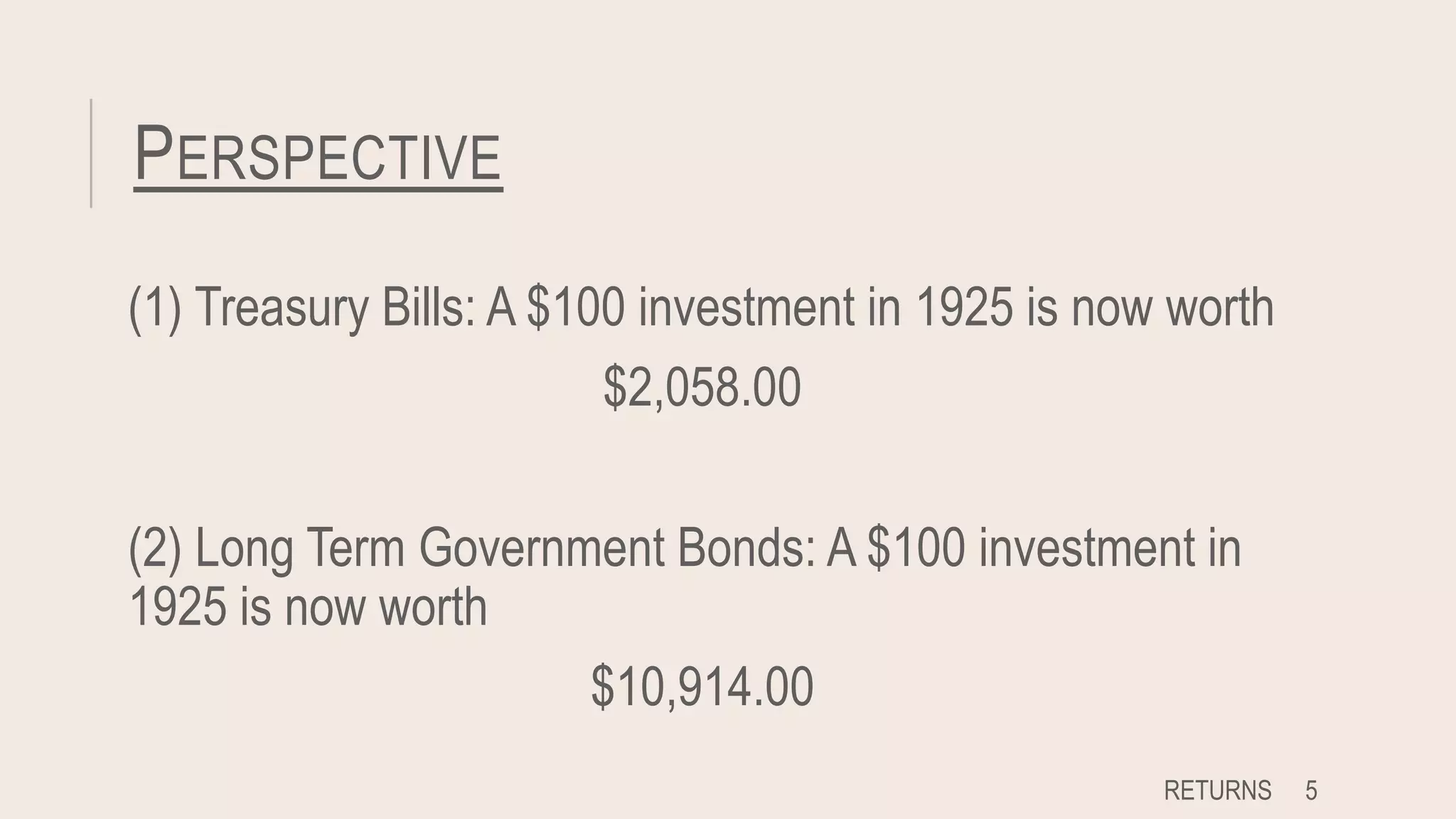 PERSPECTIVE
(1) Treasury Bills: A $100 investment in 1925 is now worth
$2,058.00
(2) Long Term Government Bonds: A $100 investment in
1925 is now worth
$10,914.00
RETURNS 5
 