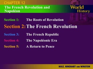 CHAPTER 12
The French Revolution and
Napoléon

Section 1:   The Roots of Revolution
Section 2:The French Revolution
Section 3:   The French Republic
Section 4:   The Napoléonic Era
Section 5:   A Return to Peace
 