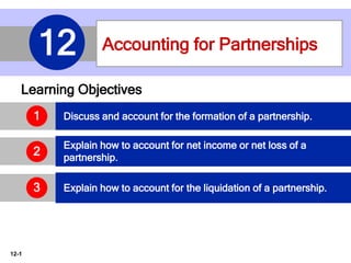 12-1
Accounting for Partnerships12
Learning Objectives
Discuss and account for the formation of a partnership.
Explain how to account for net income or net loss of a
partnership.
Explain how to account for the liquidation of a partnership.3
2
1
 