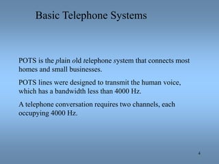4
Basic Telephone Systems
POTS is the plain old telephone system that connects most
homes and small businesses.
POTS lines...
