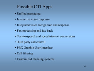 63
Possible CTI Apps
• Unified messaging
• Interactive voice response
• Integrated voice recognition and response
• Fax pr...