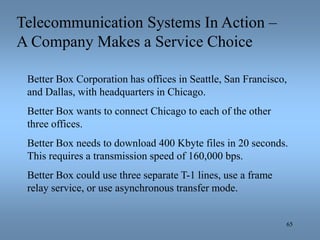65
Telecommunication Systems In Action –
A Company Makes a Service Choice
Better Box Corporation has offices in Seattle, S...