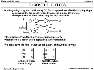 24
Digital Logic Circuits
Computer Organization Computer Architectures Lab
CLOCKED FLIP FLOPS
In a large digital system with many flip flops, operations of individual flip flops
are required to be synchronized to a clock pulse. Otherwise,
the operations of the system may be unpredictable.
R
S
Q
Q’
c
(clock)
Flip Flops
S Q
c
R Q’
S Q
c
R Q’
operates when operates when
clock is high clock is low
Clock pulse allows the flip flop to change state only
when there is a clock pulse appearing at the c terminal.
We call above flip flop a Clocked RS Latch, and symbolically as
 