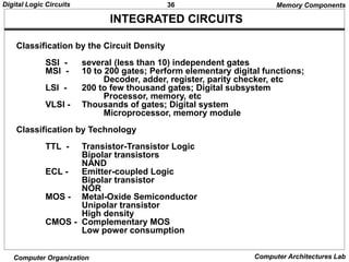 36
Digital Logic Circuits
Computer Organization Computer Architectures Lab
INTEGRATED CIRCUITS
Classification by the Circuit Density
SSI - several (less than 10) independent gates
MSI - 10 to 200 gates; Perform elementary digital functions;
Decoder, adder, register, parity checker, etc
LSI - 200 to few thousand gates; Digital subsystem
Processor, memory, etc
VLSI - Thousands of gates; Digital system
Microprocessor, memory module
Classification by Technology
TTL - Transistor-Transistor Logic
Bipolar transistors
NAND
ECL - Emitter-coupled Logic
Bipolar transistor
NOR
MOS - Metal-Oxide Semiconductor
Unipolar transistor
High density
CMOS - Complementary MOS
Low power consumption
Memory Components
 