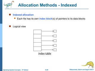 12.26 Silberschatz, Galvin and Gagne ©2013
Operating System Concepts – 9th
Edition
Allocation Methods - Indexed
 Indexed allocation
 Each file has its own index block(s) of pointers to its data blocks
 Logical view
index table
 