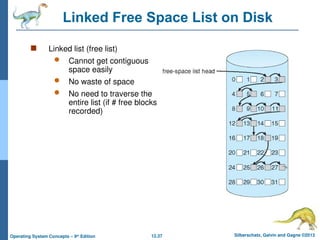 12.37 Silberschatz, Galvin and Gagne ©2013
Operating System Concepts – 9th
Edition
Linked Free Space List on Disk
 Linked list (free list)
 Cannot get contiguous
space easily
 No waste of space
 No need to traverse the
entire list (if # free blocks
recorded)
 