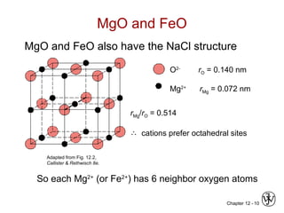 Chapter 12 - 10
MgO and FeO
O2-
rO = 0.140 nm
Mg2+
rMg = 0.072 nm
rMg/rO = 0.514
 cations prefer octahedral sites
So each Mg2+
(or Fe2+
) has 6 neighbor oxygen atoms
Adapted from Fig. 12.2,
Callister & Rethwisch 8e.
MgO and FeO also have the NaCl structure
 