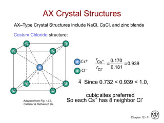 Chapter 12 - 11
AX Crystal Structures
939
.
0
181
.
0
170
.
0
Cl
Cs 



r
r
Adapted from Fig. 12.3,
Callister & Rethwisch 8e.
Cesium Chloride structure:
 Since 0.732 < 0.939 < 1.0,
cubic sites preferred
So each Cs+
has 8 neighbor Cl-
AX–Type Crystal Structures include NaCl, CsCl, and zinc blende
 