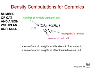 Chapter 12 - 15
Density Computations for Ceramics
A
A
C )
(
N
V
A
A
n
C






Number of formula units/unit cell
Volume of unit cell
Avogadro’s number
= sum of atomic weights of all anions in formula unit
= sum of atomic weights of all cations in formula unit
NUMBER
OF CAT
AND ANION
WITHIN AN
UNIT CELL
 