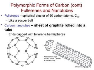 Chapter 12 - 23
Polymorphic Forms of Carbon (cont)
Fullerenes and Nanotubes
• Fullerenes – spherical cluster of 60 carbon atoms, C60
– Like a soccer ball
• Carbon nanotubes – sheet of graphite rolled into a
tube
– Ends capped with fullerene hemispheres
Adapted from Figs.
12.18 & 12.19, Callister
& Rethwisch 8e.
 