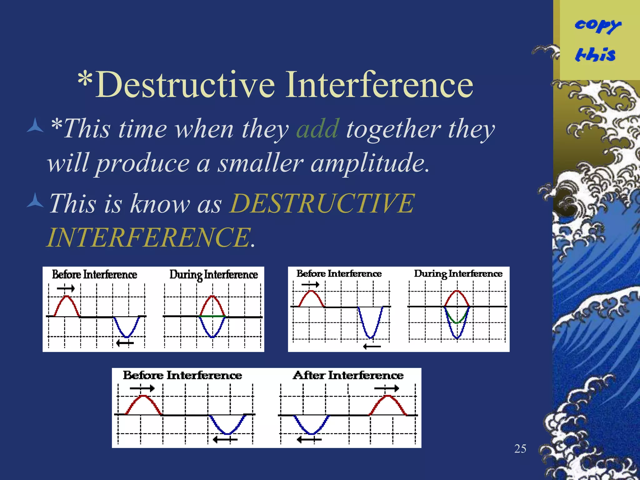 *Destructive Interference
*This time when they add together they
 will produce a smaller amplitude.
This is know as DESTRUCTIVE
 INTERFERENCE.




                                          25
 