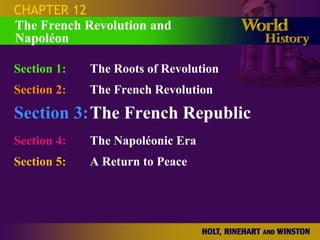 CHAPTER 12
The French Revolution and
Napoléon

Section 1:   The Roots of Revolution
Section 2:   The French Revolution
Section 3:The French Republic
Section 4:   The Napoléonic Era
Section 5:   A Return to Peace
 