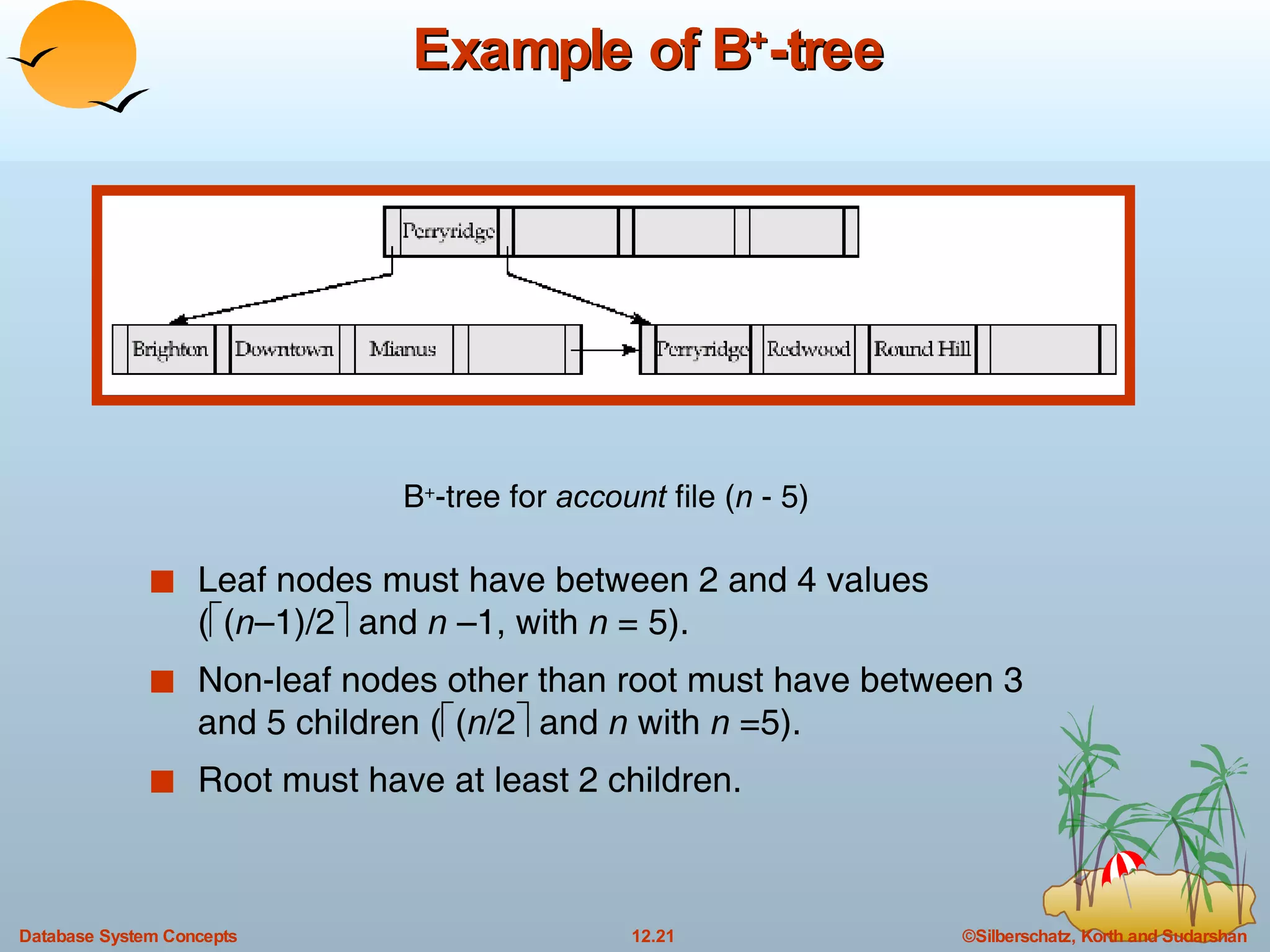 Example of B + -tree Leaf nodes must have between 2 and 4 values  (  ( n –1)/2   and  n  –1, with  n  = 5). Non-leaf nodes other than root must have between 3 and 5 children (  ( n /2   and  n  with  n  =5). Root must have at least 2 children. B + -tree for  account  file ( n  - 5) 