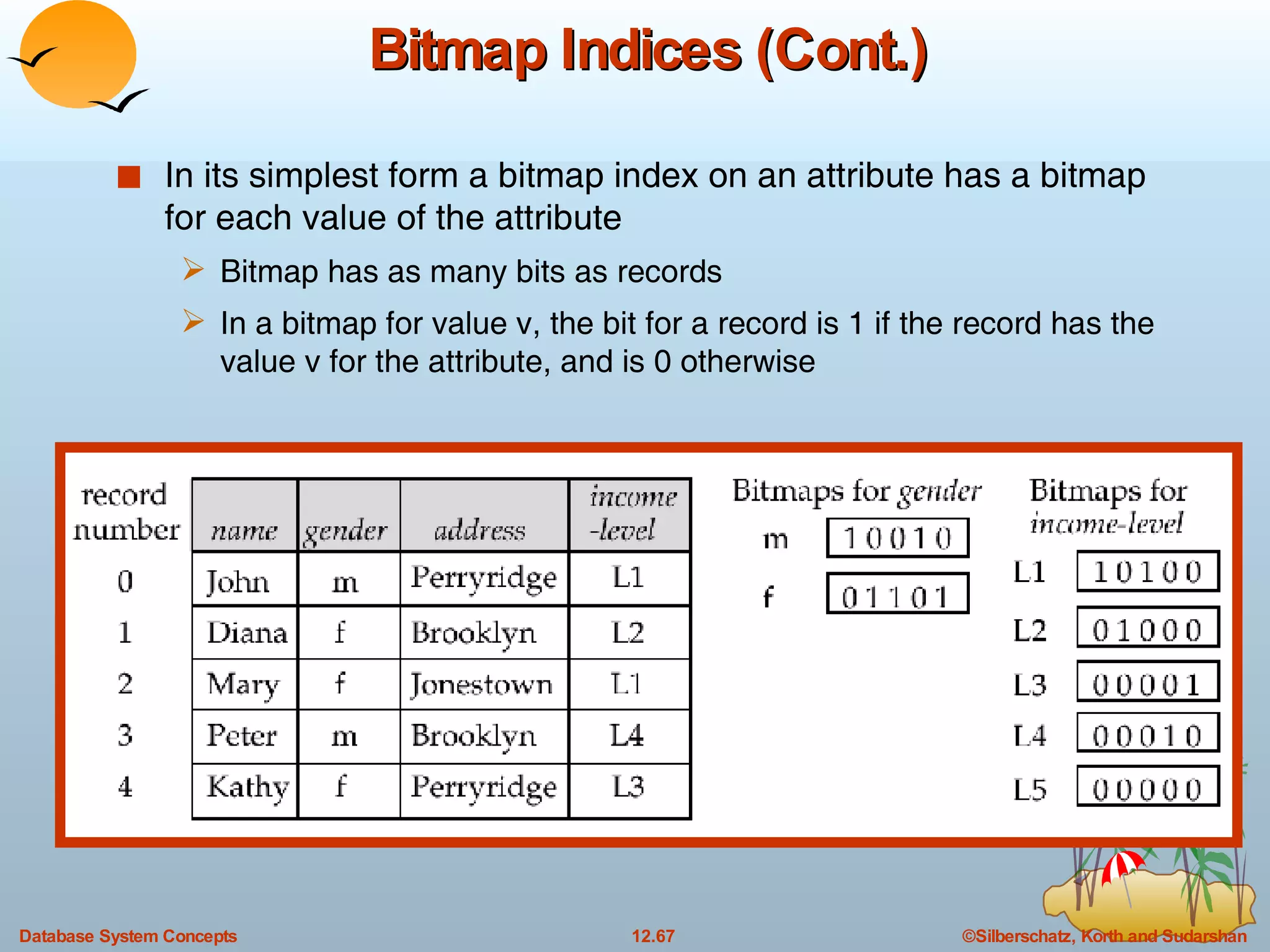 Bitmap Indices (Cont.) In its simplest form a bitmap index on an attribute has a bitmap for each value of the attribute Bitmap has as many bits as records In a bitmap for value v, the bit for a record is 1 if the record has the value v for the attribute, and is 0 otherwise 