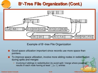 B + -Tree File Organization (Cont.) Good space utilization important since records use more space than pointers.  To improve space utilization, involve more sibling nodes in redistribution during splits and merges Involving 2 siblings in redistribution (to avoid split / merge where possible) results in each node having at least  entries Example of B + -tree File Organization 