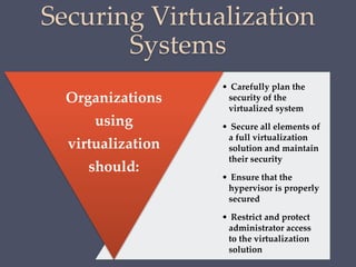 Securing Virtualization
Systems
• Carefully plan the
security of the
virtualized system
• Secure all elements of
a full virtualization
solution and maintain
their security
• Ensure that the
hypervisor is properly
secured
• Restrict and protect
administrator access
to the virtualization
solution
Organizations
using
virtualization
should:
 