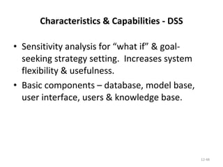 Characteristics & Capabilities - DSS Sensitivity analysis for “what if” & goal-seeking strategy setting.  Increases system flexibility & usefulness. Basic components – database, model base, user interface, users & knowledge base. 12- 