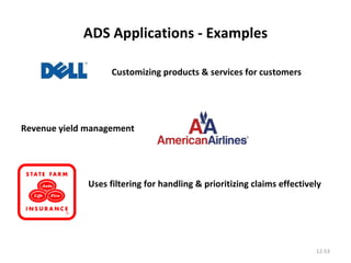 ADS Applications - Examples 12- Customizing products & services for customers Revenue yield management Uses filtering for handling & prioritizing claims effectively 