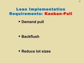 19

Lean Implementation
Requirements: Kanban-Pull

• Demand pull
• Backflush
• Reduce lot sizes

 