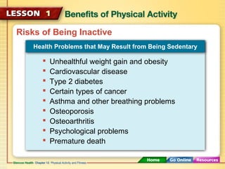 Risks of Being Inactive 
Health Problems that May Result from Being Sedentary 
 Unhealthful weight gain and obesity 
 Ca...