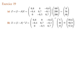 Exercice 19
                                               
                          0, 8     0    −0, 6 160  8 
    (a) Z = (I − A)X = −0, 4 0, 7 −0, 1 200 = 56
                        

                                  −0, 5 0, 7
                                               
                           0                    200    40
                                             −1            
                             0, 8     0  −0, 6  5  49, 6
    (b) X = (I − A)−1 Z = −0, 4 0, 7 −0, 1 10 ∼ 50, 9
                                                =
                          

                                   −0, 5 0, 7
                                                               
                              0                     15    57, 8
 