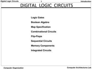 1Digital Logic Circuits
Computer Organization Computer Architectures Lab
Logic Gates
Boolean Algebra
Map Specification
Combinational Circuits
Flip-Flops
Sequential Circuits
Memory Components
Integrated Circuits
DIGITAL LOGIC CIRCUITS
Introduction
 