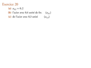 Exercice 20
    (a) a3;2 = 0, 2
    (b) l’acier avec 0,4 unité de fer.    (a3;1 )
    (c) de l’acier avec 0,3 unité        (a1;3 )
 