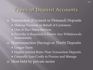 12-6




   Transaction (Payment or Demand) Deposits
       Making Payment on Behalf of Customers
       One of The Oldest Services
       Provider is Required to Honor Any Withdrawals
        Immediately
   Nontransaction (Savings or Thrift) Deposits
       Longer-Term
       Higher Interest Rates Than Transaction Deposits
       Generally Less Costly to Process and Manage
   Most held by private sector
 