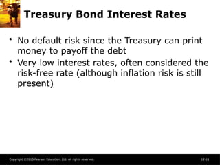 Copyright ©2015 Pearson Education, Ltd. All rights reserved. 12-11
Treasury Bond Interest Rates
• No default risk since the Treasury can print
money to payoff the debt
• Very low interest rates, often considered the
risk-free rate (although inflation risk is still
present)
 