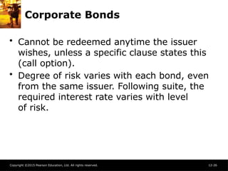 Copyright ©2015 Pearson Education, Ltd. All rights reserved. 12-26
Corporate Bonds
• Cannot be redeemed anytime the issuer
wishes, unless a specific clause states this
(call option).
• Degree of risk varies with each bond, even
from the same issuer. Following suite, the
required interest rate varies with level
of risk.
 