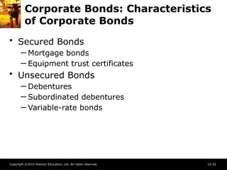 Copyright ©2015 Pearson Education, Ltd. All rights reserved. 12-32
Corporate Bonds: Characteristics
of Corporate Bonds
• Secured Bonds
─ Mortgage bonds
─ Equipment trust certificates
• Unsecured Bonds
─ Debentures
─ Subordinated debentures
─ Variable-rate bonds
 