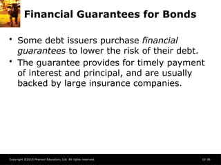 Copyright ©2015 Pearson Education, Ltd. All rights reserved. 12-36
Financial Guarantees for Bonds
• Some debt issuers purchase financial
guarantees to lower the risk of their debt.
• The guarantee provides for timely payment
of interest and principal, and are usually
backed by large insurance companies.
 