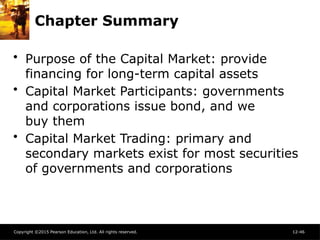Copyright ©2015 Pearson Education, Ltd. All rights reserved. 12-46
Chapter Summary
• Purpose of the Capital Market: provide
financing for long-term capital assets
• Capital Market Participants: governments
and corporations issue bond, and we
buy them
• Capital Market Trading: primary and
secondary markets exist for most securities
of governments and corporations
 