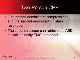 ©2013 Delmar, Cengage Learning. All Rights Reserved. May not be scanned,
copied, duplicated, or posted to a publicly accessible website, in whole or in part.
Two-Person CPR
• One person administers compressions
and the second person administers
respiration
• The second rescuer can retrieve the AED
as well as notify EMS personnel
33
 