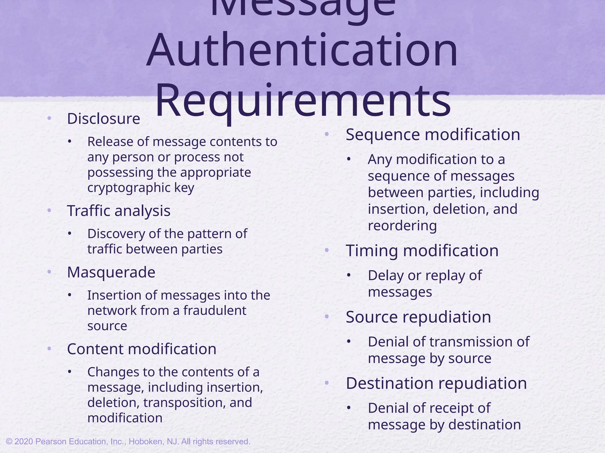 Message
Authentication
Requirements
• Disclosure
• Release of message contents to
any person or process not
possessing the appropriate
cryptographic key
• Traffic analysis
• Discovery of the pattern of
traffic between parties
• Masquerade
• Insertion of messages into the
network from a fraudulent
source
• Content modification
• Changes to the contents of a
message, including insertion,
deletion, transposition, and
modification
• Sequence modification
• Any modification to a
sequence of messages
between parties, including
insertion, deletion, and
reordering
• Timing modification
• Delay or replay of
messages
• Source repudiation
• Denial of transmission of
message by source
• Destination repudiation
• Denial of receipt of
message by destination
© 2020 Pearson Education, Inc., Hoboken, NJ. All rights reserved.
 