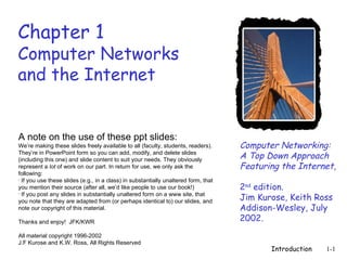 [object Object],[object Object],[object Object],[object Object],[object Object],[object Object],[object Object],Chapter 1 Computer Networks and the Internet Computer Networking: A Top Down Approach Featuring the Internet ,  2 nd  edition.  Jim Kurose, Keith Ross Addison-Wesley, July 2002.  