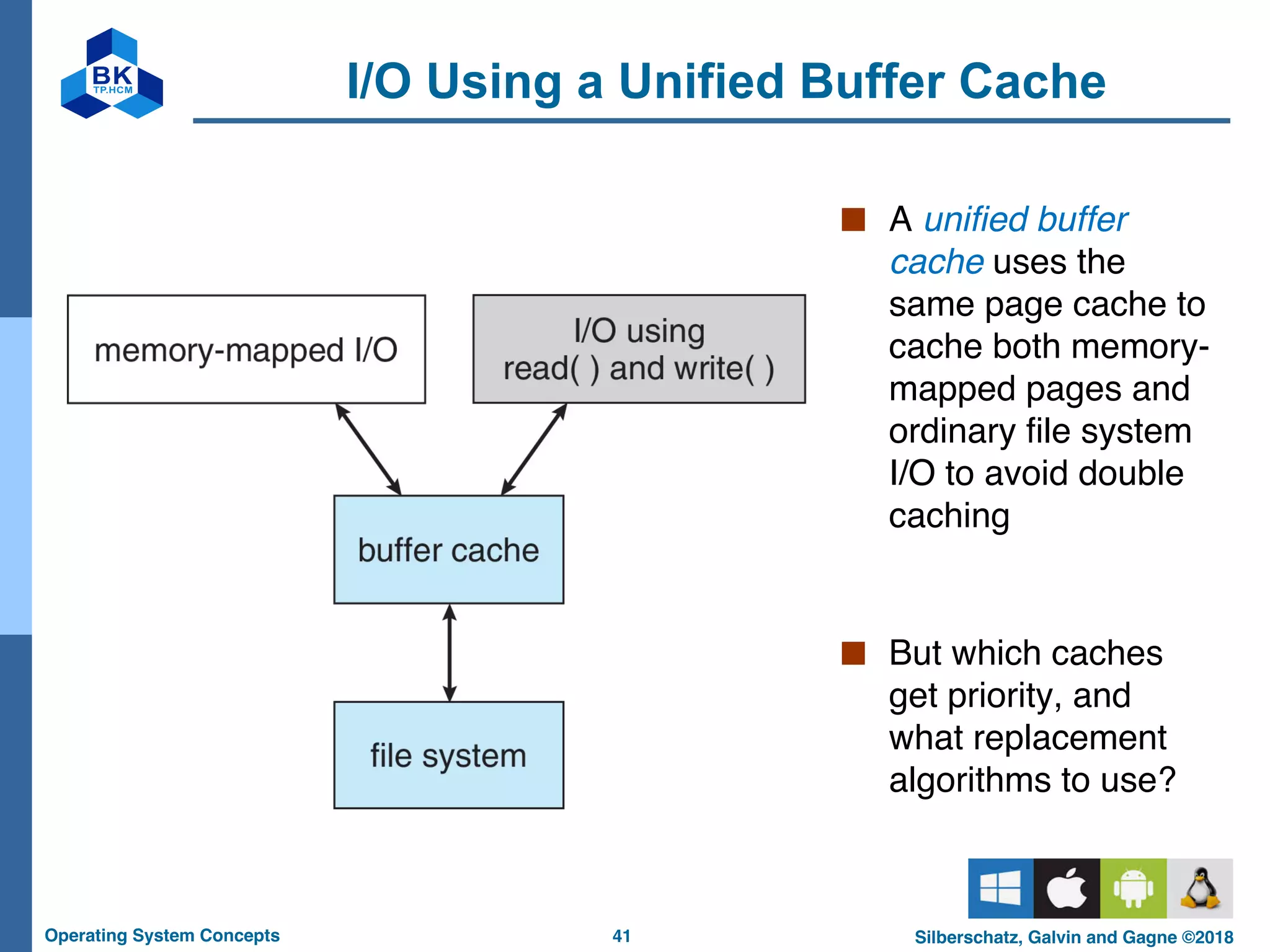 41
Operating System Concepts Silberschatz, Galvin and Gagne ©2018
I/O Using a Unified Buffer Cache
■ A unified buffer
cache uses the
same page cache to
cache both memory-
mapped pages and
ordinary file system
I/O to avoid double
caching
■ But which caches
get priority, and
what replacement
algorithms to use?
 