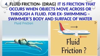 4. FLUID FRICTION- (DRAG) IT IS FRICTION THAT
OCCURS WHEN OBJECTS MOVE ACROSS OR
THROUGH A FLUID. FOR EX- SWIMMING –
SWIMMER’S BODY AND SURFACE OF WATER
 