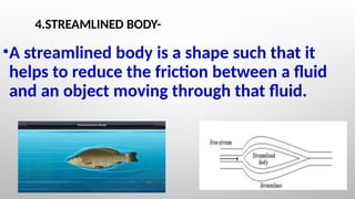 4.STREAMLINED BODY-
•A streamlined body is a shape such that it
helps to reduce the friction between a fluid
and an object moving through that fluid.
 
