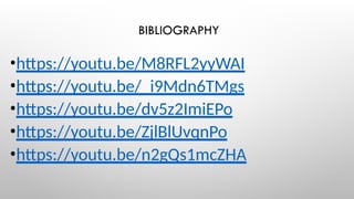 BIBLIOGRAPHY
•https://youtu.be/M8RFL2yyWAI
•https://youtu.be/_i9Mdn6TMgs
•https://youtu.be/dv5z2ImiEPo
•https://youtu.be/ZjlBlUvqnPo
•https://youtu.be/n2gQs1mcZHA
 