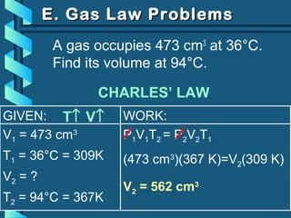 GIVEN:
V1 = 473 cm3
T1 = 36°C = 309K
V2 = ?
T2 = 94°C = 367K
WORK:
P1V1T2 = P2V2T1
E. Gas Law ProblemsE. Gas Law Problems
A gas occupies 473 cm3
at 36°C.
Find its volume at 94°C.
CHARLES’ LAW
T↑ V↑
(473 cm3
)(367 K)=V2(309 K)
V2 = 562 cm3
 